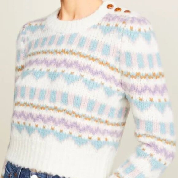 Love Shack Fancy Cropped Pastel Fair Isle Pullover Sweater Sz L - Picture 1 of 9